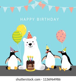Happy birthday greeting card with cute polar bear and penguin. Animal wildlife cartoon character.