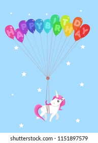 Happy birthday greeting card with cute unicorn and balloons. Vector illustration