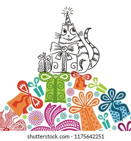 Happy birthday greeting card with cute cartoon cat and presents. Vector illustration