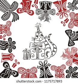 Happy birthday greeting card with cute cartoon cat and presents. Vector illustration