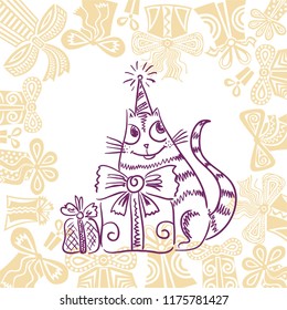 Happy birthday greeting card with cute cartoon cat and presents. Vector illustration
