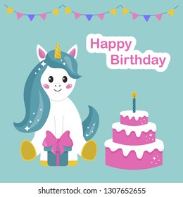 Happy Birthday. Greeting card with cute cartoon unicorn, cake and gift. Vector illustration.