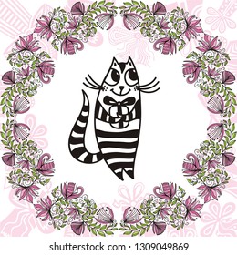 Happy birthday greeting card with cute cartoon cat. Vector illustration