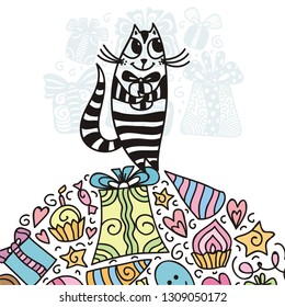 Happy birthday greeting card with cute cartoon cat. Vector illustration