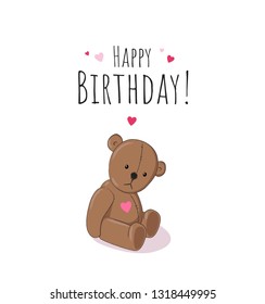 Happy Birthday greeting card with cute teddy bear toy illustration, small pink hearts and text on white background. - Vector