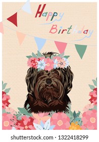 Happy Birthday greeting card. Cute happy birthday card with funny puppy. Vector illustration. 