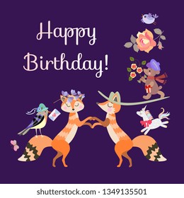 Happy birthday greeting card with cute cartoon foxes, bird, little bear and jumping unicorn on dark lilac background. 