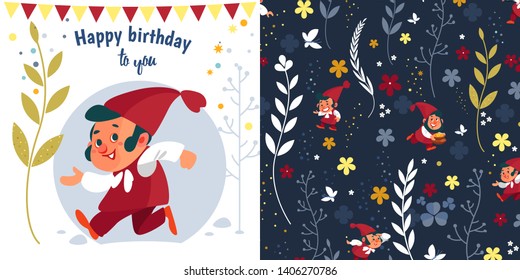 Happy birthday. Greeting card for a birthday. A cute, smiling gnome dwarf character vector illustration