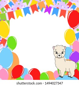 Happy birthday greeting card with a cute cartoon character. With copy space for your text. Picture on the background of bright balloons, confetti and garlands. Color vector isolated illustration.