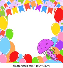 Happy birthday greeting card with a cute cartoon character. With copy space for your text. Picture on the background of bright balloons, confetti and garlands. Color vector isolated illustration.