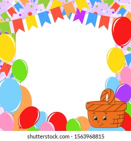 Happy birthday greeting card with a cute cartoon character. With copy space for your text. Picture on the background of bright balloons, confetti and garlands. Color vector isolated illustration.