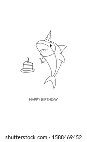 Happy birthday greeting card. Cute shark with cake vector illustration. 