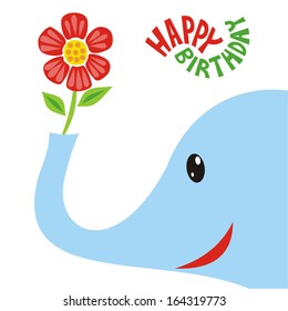 Happy birthday greeting card cute little elephant with flower vector illustration