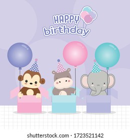 Happy birthday greeting card. Cute animal sitting in gift box with balloon.