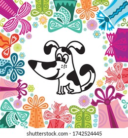 Happy birthday greeting card with cute cartoon dog. Vector illustration