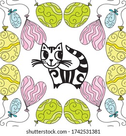 Happy birthday greeting card with cute cartoon cat. Vector illustration