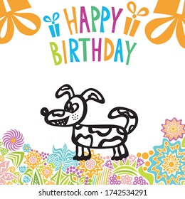 Happy birthday greeting card with cute cartoon dog. Vector illustration