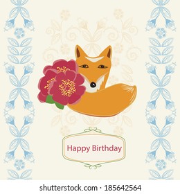 Happy Birthday greeting card with a cute little fox holding red flowers between dainty retro blue floral borders and a framed cartouche with the text - Happy Birthday - illustration