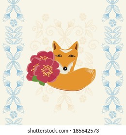 Happy Birthday greeting card with a cute little fox holding red flowers between dainty retro blue floral borders