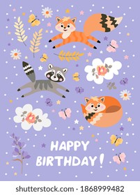 Happy birthday greeting card with cute foxes and raccoon. Childish vector illustration.