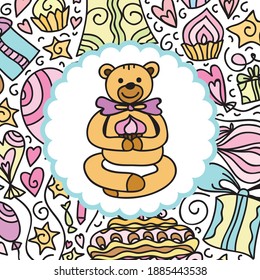 Happy birthday greeting card with cute cartoon teddy bear. Vector illustration