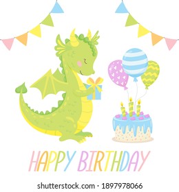 Happy Birthday greeting card with cute dragon. Funny cartoon character for kids. Design for card of birthday, anniversary, party invitation, scrapbooking, poster. Vector illustration isolated on a