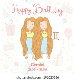 Happy birthday greeting card with cute zodiac sign - Gemini. Vector illustration.