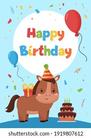 Happy Birthday greeting card with cute horse, balloons, gift and cake. Ideal for children party. Farm animals.