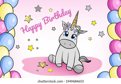 Happy birthday greeting card. Cute little unicorn with golden horn sits in a beautiful star design surrounded by balloons. EPS vector