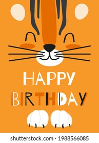 Happy birthday greeting card with cute tiger face on orange background. Cartoon vector illustration for children