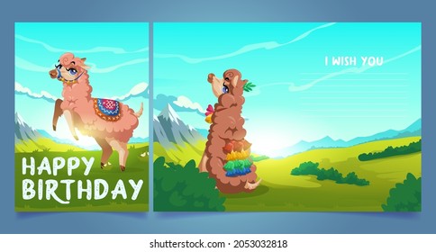 Happy birthday greeting card with cute llama, Peru alpaca animal cartoon character. Mexican Lama wear blanket and tassels grazing on mountain landscape. Postcard with place for wishes Vector template