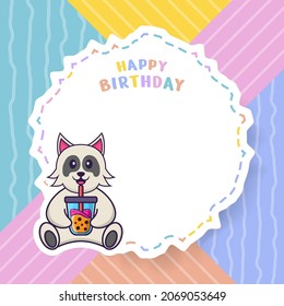 Happy Birthday greeting card with Cute dog cartoon character. Vector Illustration