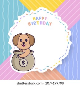 Happy Birthday greeting card with Cute dog cartoon character. Vector Illustration