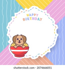 Happy Birthday greeting card with Cute dog cartoon character. Vector Illustration