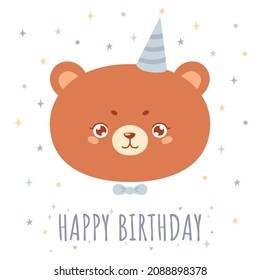 Happy Birthday greeting card with cute bear in a party cap. Funny animal cartoon character in simple hand-drawn Scandinavian style. Ideal for greeting card, room posters, kids t-shirts. Vector
