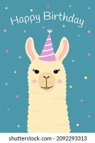 Happy birthday greeting card with cute llama head. Funny alpaca with birthday hat. Template for nursery design, poster, birthday card, invitation, baby shower and party decor.