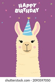 Happy birthday greeting card with cute llama head. Funny alpaca with birthday hat. Template for nursery design, poster, birthday card, invitation, baby shower and party decor. Vector illustration