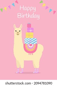 Happy birthday greeting card with cute llama. Funny alpaca with birthday gifts. Template for nursery design, poster, birthday card, invitation, baby shower and party decor.
