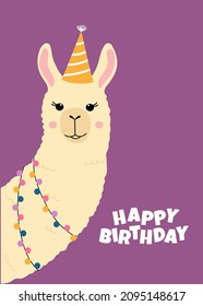 Happy birthday greeting card with cute llama head. Funny alpaca with birthday hat and lights. Template for nursery design, poster, birthday card, invitation, baby shower and party decor