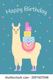 Happy birthday greeting card with cute llama. Funny alpaca with birthday gifts. Template for nursery design, poster, birthday card, invitation, baby shower and party decor.