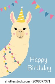 Happy birthday greeting card with cute llama head. Funny alpaca with birthday hat and colorful flags. Template for nursery design, poster, birthday card, invitation, baby shower and party decor