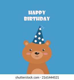 Happy Birthday Greeting Card, Cute Bear Cub In A Party Hat. Vector Flat Illustration. Festive Baby Card, Flyer Or Greeting Voucher, Brochure Template Mockup.