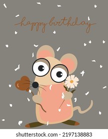  Happy Birthday greeting card with a cute flat design Mouse with a Ballon and Daisy. Ideal for posters, postcards, invitations, and banners.