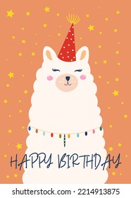  Happy birthday greeting card with cute llama head.Template for nursery design, poster, birthday card, invitation, baby shower and party decor.Vector illustration.