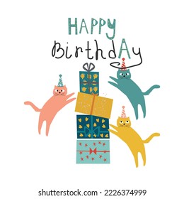 Happy birthday greeting card, cute adorable happy kitty cats with hats and gifts. Birthday party banner, animal pet cartoon drawing vector.