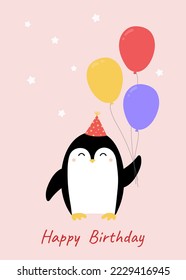 Happy birthday greeting card with cute penguin and balloons. Template for nursery design, poster, birthday card, invitation, baby shower and party decor.