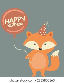 Happy Birthday greeting card with a cute flat design Fox with Ballons and Party Hat.