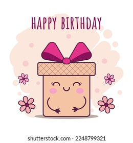 Happy birthday greeting card  Cute cartoon kawaii gift box character and flowers beige background  Hand drawn card for birthday wishes  anniversary  happy Valentine's Day 