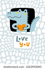 Happy birthday greeting card with cute crocodile and crocodile skin texture. Vector illustration for kids design: card, poster, invitation.
