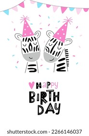 Happy birthday greeting card with cute little zebras. Vector illustration for kids design.
